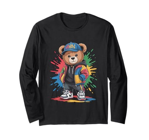 süßer vintage Teddybär in tollen Splash Style Klamotten Kids Langarmshirt von coole Bären in farbigen Werktags Ouftits
