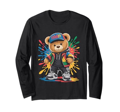 süßer vintage Teddybär in tollen Splash Style Klamotten Kids Langarmshirt von coole Bären in farbigen Werktags Ouftits