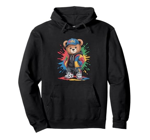 süßer vintage Teddybär in tollen Splash Style Klamotten Kids Pullover Hoodie von coole Bären in farbigen Werktags Ouftits