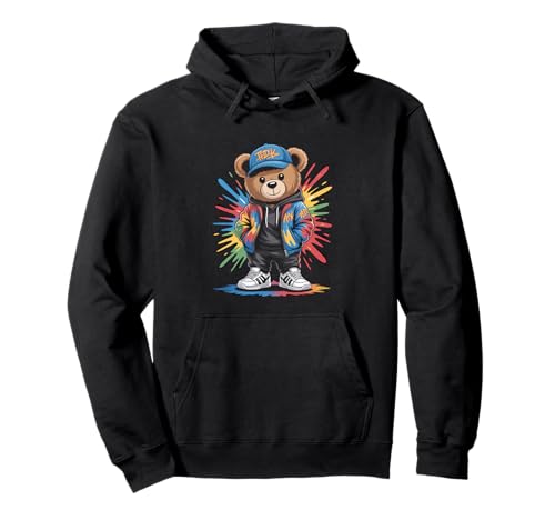 süßer vintage Teddybär in tollen Splash Style Klamotten Kids Pullover Hoodie von coole Bären in farbigen Werktags Ouftits
