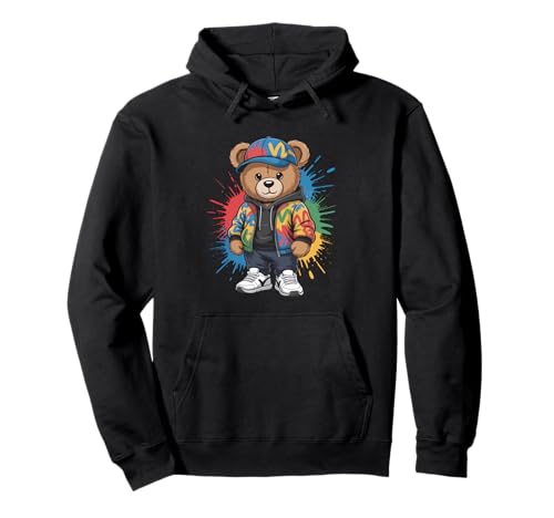 süßer vintage Teddybär in tollen Splash Style Klamotten Kids Pullover Hoodie von coole Bären in farbigen Werktags Ouftits