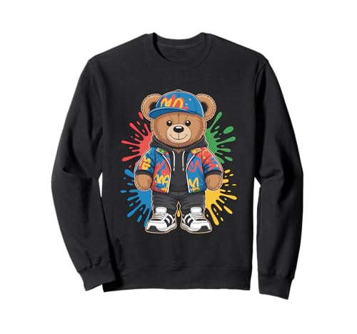 süßer vintage Teddybär in tollen Splash Style Klamotten Kids Sweatshirt von coole Bären in farbigen Werktags Ouftits