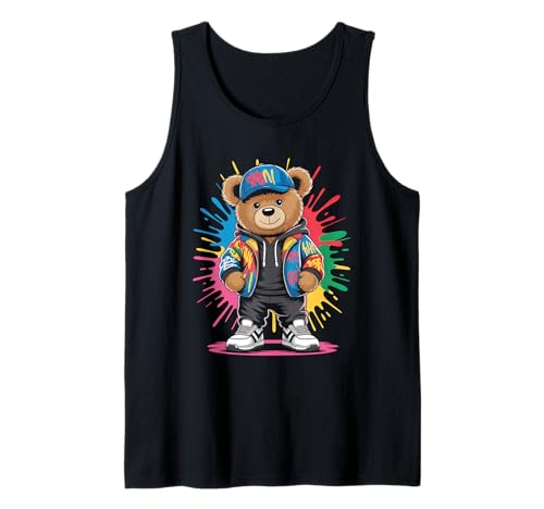 süßer vintage Teddybär in tollen Splash Style Klamotten Kids Tank Top von coole Bären in farbigen Werktags Ouftits