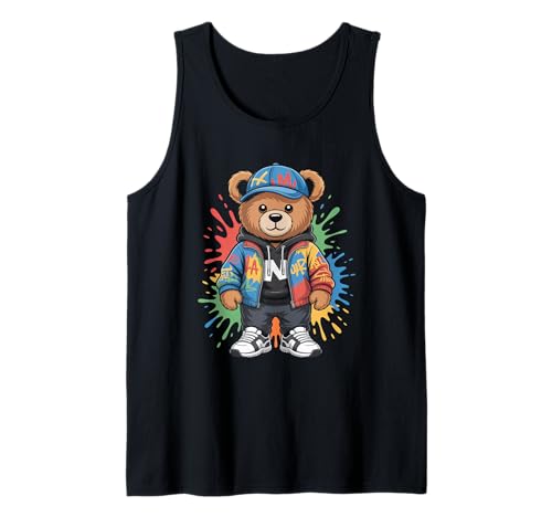 süßer vintage Teddybär in tollen Splash Style Klamotten Kids Tank Top von coole Bären in farbigen Werktags Ouftits