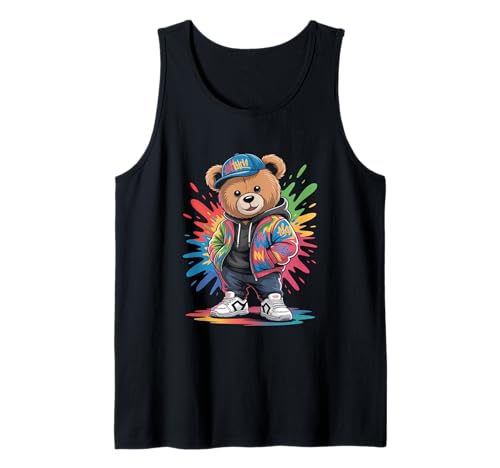 süßer vintage Teddybär in tollen Splash Style Klamotten Kids Tank Top von coole Bären in farbigen Werktags Ouftits