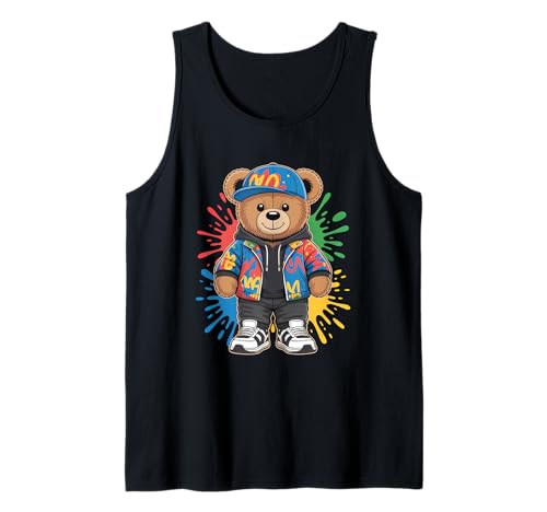 süßer vintage Teddybär in tollen Splash Style Klamotten Kids Tank Top von coole Bären in farbigen Werktags Ouftits