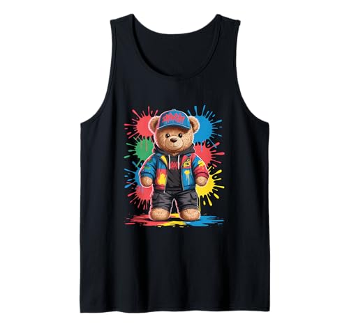 süßer vintage Teddybär in tollen Splash Style Klamotten Kids Tank Top von coole Bären in farbigen Werktags Ouftits