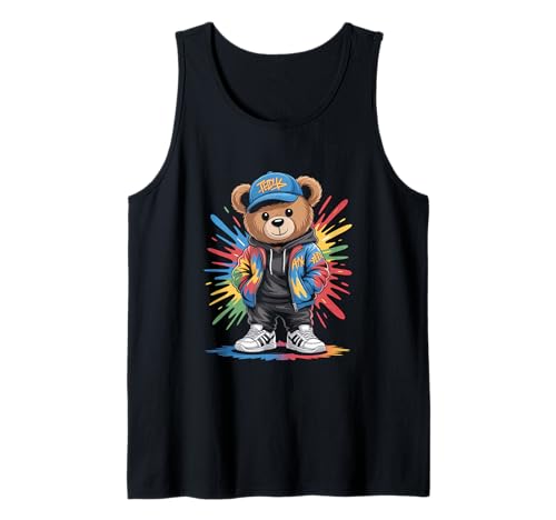süßer vintage Teddybär in tollen Splash Style Klamotten Kids Tank Top von coole Bären in farbigen Werktags Ouftits