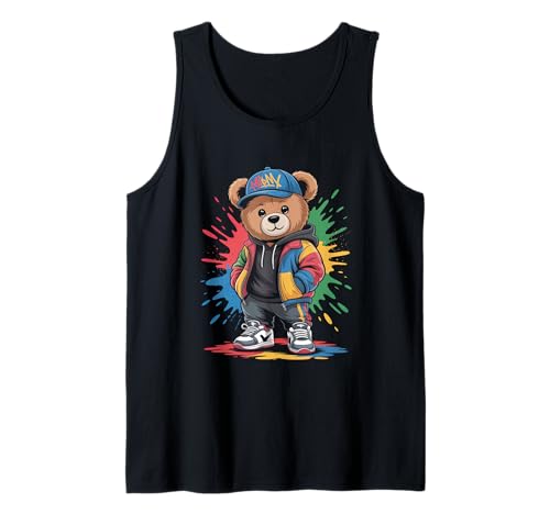 süßer vintage Teddybär in tollen Splash Style Klamotten Kids Tank Top von coole Bären in farbigen Werktags Ouftits