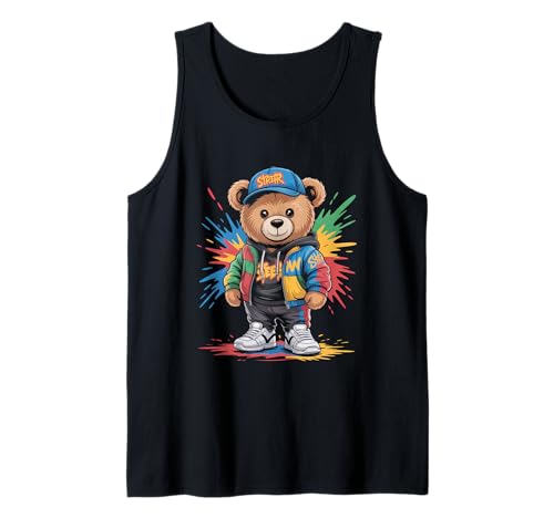 süßer vintage Teddybär in tollen Splash Style Klamotten Kids Tank Top von coole Bären in farbigen Werktags Ouftits