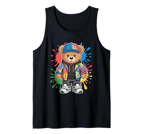 süßer vintage Teddybär in tollen Splash Style Klamotten Kids Tank Top von coole Bären in farbigen Werktags Ouftits