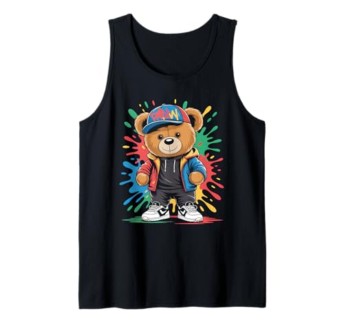 süßer vintage Teddybär in tollen Splash Style Klamotten Kids Tank Top von coole Bären in farbigen Werktags Ouftits