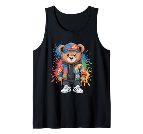 süßer vintage Teddybär in tollen Splash Style Klamotten Kids Tank Top von coole Bären in farbigen Werktags Ouftits