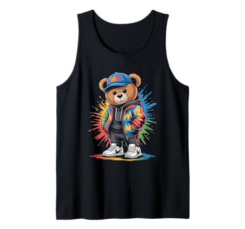 süßer vintage Teddybär in tollen Splash Style Klamotten Kids Tank Top von coole Bären in farbigen Werktags Ouftits