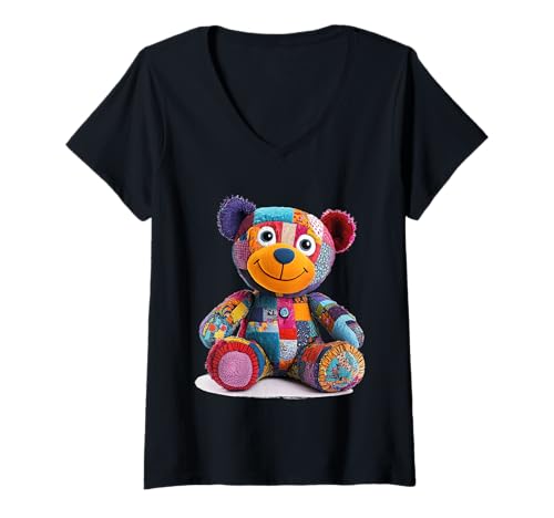 Damen süßer Vintage Teddybär in Patchwork Style Klamotten Kids T-Shirt mit V-Ausschnitt Damen süßer Vintage Teddybär in Patchwork Style Klamotten Kids T-Shirt mit V-Ausschnitt von coole Bären in fleckigen Werktags Ouftits