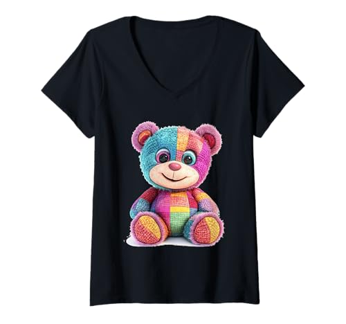 Damen süßer Vintage Teddybär in Patchwork Style Klamotten Kids T-Shirt mit V-Ausschnitt Damen süßer Vintage Teddybär in Patchwork Style Klamotten Kids T-Shirt mit V-Ausschnitt von coole Bären in fleckigen Werktags Ouftits