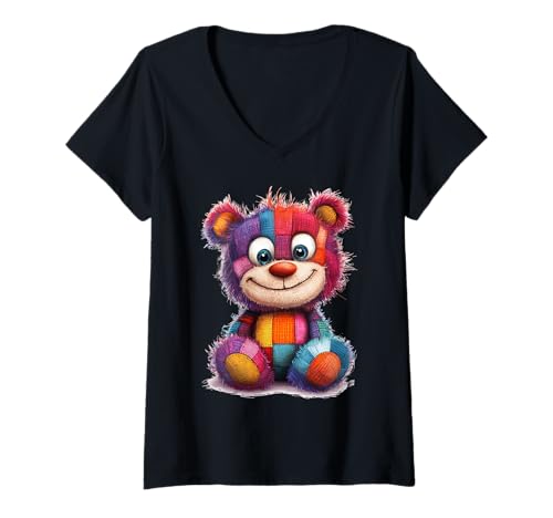 Damen süßer Vintage Teddybär in Patchwork Style Klamotten Kids T-Shirt mit V-Ausschnitt von coole Bären in fleckigen Werktags Ouftits