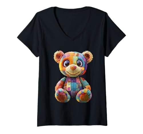 Damen süßer Vintage Teddybär in Patchwork Style Klamotten Kids T-Shirt mit V-Ausschnitt Damen süßer Vintage Teddybär in Patchwork Style Klamotten Kids T-Shirt mit V-Ausschnitt von coole Bären in fleckigen Werktags Ouftits