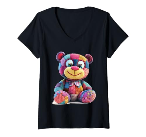 Damen süßer Vintage Teddybär in Patchwork Style Klamotten Kids T-Shirt mit V-Ausschnitt Damen süßer Vintage Teddybär in Patchwork Style Klamotten Kids T-Shirt mit V-Ausschnitt von coole Bären in fleckigen Werktags Ouftits
