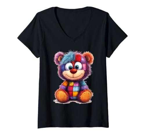 Damen süßer Vintage Teddybär in Patchwork Style Klamotten Kids T-Shirt mit V-Ausschnitt von coole Bären in fleckigen Werktags Ouftits