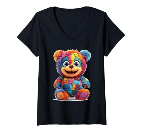 Damen süßer Vintage Teddybär in Patchwork Style Klamotten Kids T-Shirt mit V-Ausschnitt Damen süßer Vintage Teddybär in Patchwork Style Klamotten Kids T-Shirt mit V-Ausschnitt von coole Bären in fleckigen Werktags Ouftits