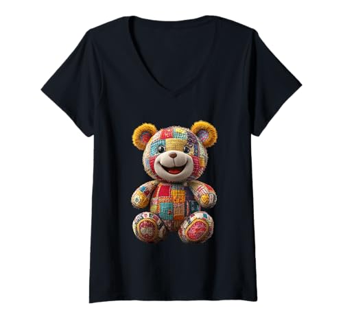 Damen süßer Vintage Teddybär in Patchwork Style Klamotten Kids T-Shirt mit V-Ausschnitt von coole Bären in fleckigen Werktags Ouftits