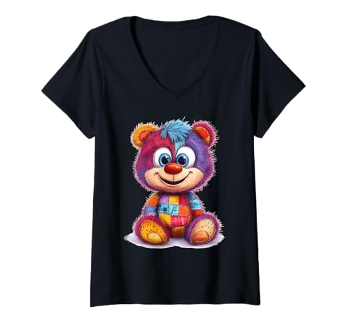 Damen süßer Vintage Teddybär in Patchwork Style Klamotten Kids T-Shirt mit V-Ausschnitt Damen süßer Vintage Teddybär in Patchwork Style Klamotten Kids T-Shirt mit V-Ausschnitt von coole Bären in fleckigen Werktags Ouftits