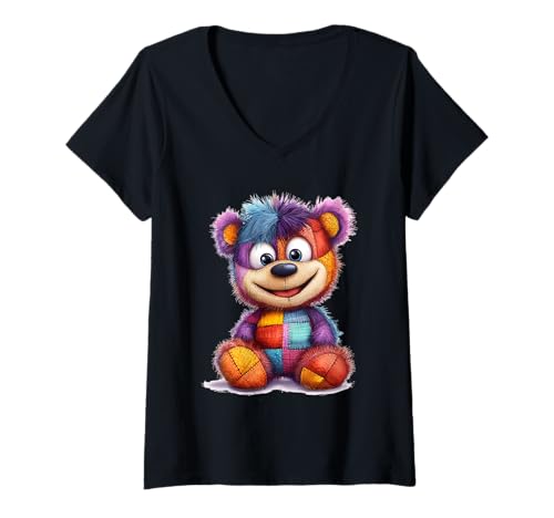 Damen süßer Vintage Teddybär in Patchwork Style Klamotten Kids T-Shirt mit V-Ausschnitt Damen süßer Vintage Teddybär in Patchwork Style Klamotten Kids T-Shirt mit V-Ausschnitt von coole Bären in fleckigen Werktags Ouftits