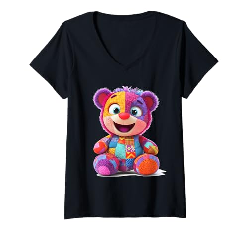 Damen süßer Vintage Teddybär in Patchwork Style Klamotten Kids T-Shirt mit V-Ausschnitt Damen süßer Vintage Teddybär in Patchwork Style Klamotten Kids T-Shirt mit V-Ausschnitt von coole Bären in fleckigen Werktags Ouftits