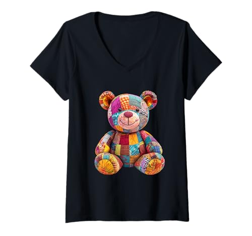 Damen süßer Vintage Teddybär in Patchwork Style Klamotten Kids T-Shirt mit V-Ausschnitt Damen süßer Vintage Teddybär in Patchwork Style Klamotten Kids T-Shirt mit V-Ausschnitt von coole Bären in fleckigen Werktags Ouftits