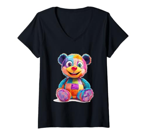 Damen süßer Vintage Teddybär in Patchwork Style Klamotten Kids T-Shirt mit V-Ausschnitt Damen süßer Vintage Teddybär in Patchwork Style Klamotten Kids T-Shirt mit V-Ausschnitt von coole Bären in fleckigen Werktags Ouftits