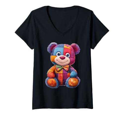 Damen süßer Vintage Teddybär in Patchwork Style Klamotten Kids T-Shirt mit V-Ausschnitt Damen süßer Vintage Teddybär in Patchwork Style Klamotten Kids T-Shirt mit V-Ausschnitt von coole Bären in fleckigen Werktags Ouftits
