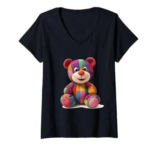 Damen süßer Vintage Teddybär in Patchwork Style Klamotten Kids T-Shirt mit V-Ausschnitt Damen süßer Vintage Teddybär in Patchwork Style Klamotten Kids T-Shirt mit V-Ausschnitt von coole Bären in fleckigen Werktags Ouftits