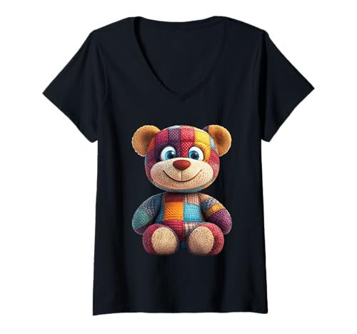 Damen süßer Vintage Teddybär in Patchwork Style Klamotten Kids T-Shirt mit V-Ausschnitt Damen süßer Vintage Teddybär in Patchwork Style Klamotten Kids T-Shirt mit V-Ausschnitt von coole Bären in fleckigen Werktags Ouftits