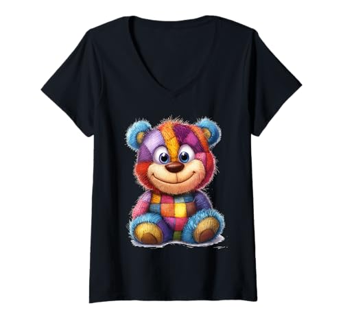 Damen süßer Vintage Teddybär in Patchwork Style Klamotten Kids T-Shirt mit V-Ausschnitt Damen süßer Vintage Teddybär in Patchwork Style Klamotten Kids T-Shirt mit V-Ausschnitt von coole Bären in fleckigen Werktags Ouftits