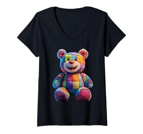 Damen süßer Vintage Teddybär in Patchwork Style Klamotten Kids T-Shirt mit V-Ausschnitt Damen süßer Vintage Teddybär in Patchwork Style Klamotten Kids T-Shirt mit V-Ausschnitt von coole Bären in fleckigen Werktags Ouftits