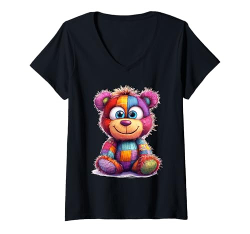 Damen süßer Vintage Teddybär in Patchwork Style Klamotten Kids T-Shirt mit V-Ausschnitt Damen süßer Vintage Teddybär in Patchwork Style Klamotten Kids T-Shirt mit V-Ausschnitt von coole Bären in fleckigen Werktags Ouftits