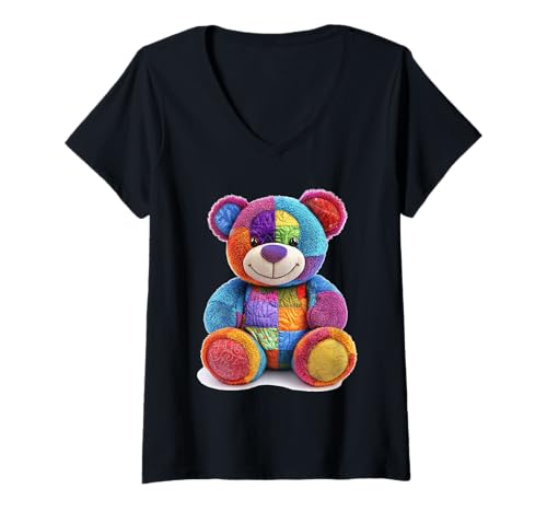 Damen süßer Vintage Teddybär in Patchwork Style Klamotten Kids T-Shirt mit V-Ausschnitt Damen süßer Vintage Teddybär in Patchwork Style Klamotten Kids T-Shirt mit V-Ausschnitt von coole Bären in fleckigen Werktags Ouftits