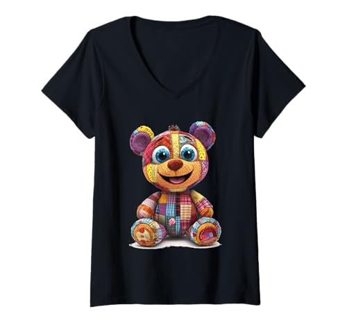 Damen süßer Vintage Teddybär in Patchwork Style Klamotten Kids T-Shirt mit V-Ausschnitt Damen süßer Vintage Teddybär in Patchwork Style Klamotten Kids T-Shirt mit V-Ausschnitt von coole Bären in fleckigen Werktags Ouftits