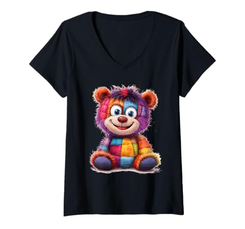Damen süßer Vintage Teddybär in Patchwork Style Klamotten Kids T-Shirt mit V-Ausschnitt Damen süßer Vintage Teddybär in Patchwork Style Klamotten Kids T-Shirt mit V-Ausschnitt von coole Bären in fleckigen Werktags Ouftits
