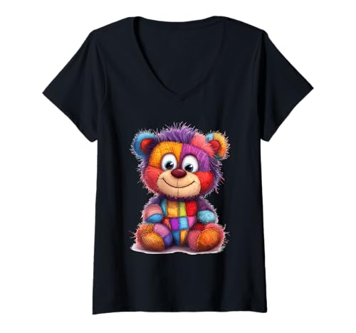 Damen süßer Vintage Teddybär in Patchwork Style Klamotten Kids T-Shirt mit V-Ausschnitt Damen süßer Vintage Teddybär in Patchwork Style Klamotten Kids T-Shirt mit V-Ausschnitt von coole Bären in fleckigen Werktags Ouftits