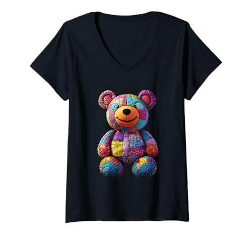Damen süßer Vintage Teddybär in Patchwork Style Klamotten Kids T-Shirt mit V-Ausschnitt Damen süßer Vintage Teddybär in Patchwork Style Klamotten Kids T-Shirt mit V-Ausschnitt von coole Bären in fleckigen Werktags Ouftits