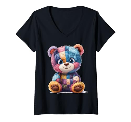 Damen süßer Vintage Teddybär in Patchwork Style Klamotten Kids T-Shirt mit V-Ausschnitt Damen süßer Vintage Teddybär in Patchwork Style Klamotten Kids T-Shirt mit V-Ausschnitt von coole Bären in fleckigen Werktags Ouftits