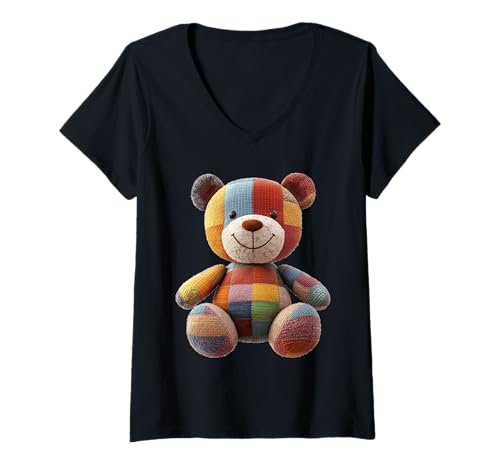 Damen süßer Vintage Teddybär in Patchwork Style Klamotten Kids T-Shirt mit V-Ausschnitt Damen süßer Vintage Teddybär in Patchwork Style Klamotten Kids T-Shirt mit V-Ausschnitt von coole Bären in fleckigen Werktags Ouftits