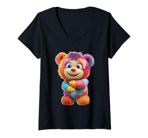 Damen süßer Vintage Teddybär in Patchwork Style Klamotten Kids T-Shirt mit V-Ausschnitt Damen süßer Vintage Teddybär in Patchwork Style Klamotten Kids T-Shirt mit V-Ausschnitt von coole Bären in fleckigen Werktags Ouftits