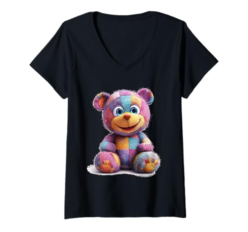 Damen süßer Vintage Teddybär in Patchwork Style Klamotten Kids T-Shirt mit V-Ausschnitt Damen süßer Vintage Teddybär in Patchwork Style Klamotten Kids T-Shirt mit V-Ausschnitt von coole Bären in fleckigen Werktags Ouftits