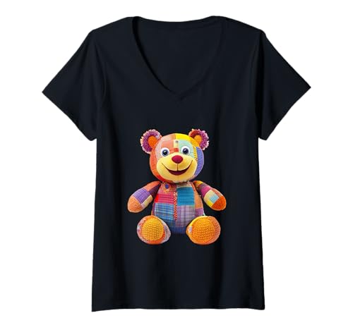 Damen süßer Vintage Teddybär in Patchwork Style Klamotten Kids T-Shirt mit V-Ausschnitt Damen süßer Vintage Teddybär in Patchwork Style Klamotten Kids T-Shirt mit V-Ausschnitt von coole Bären in fleckigen Werktags Ouftits