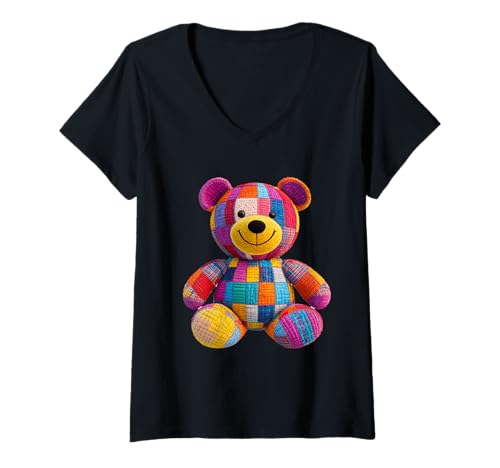 Damen süßer Vintage Teddybär in Patchwork Style Klamotten Kids T-Shirt mit V-Ausschnitt Damen süßer Vintage Teddybär in Patchwork Style Klamotten Kids T-Shirt mit V-Ausschnitt von coole Bären in fleckigen Werktags Ouftits