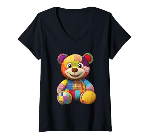 Damen süßer Vintage Teddybär in Patchwork Style Klamotten Kids T-Shirt mit V-Ausschnitt Damen süßer Vintage Teddybär in Patchwork Style Klamotten Kids T-Shirt mit V-Ausschnitt von coole Bären in fleckigen Werktags Ouftits