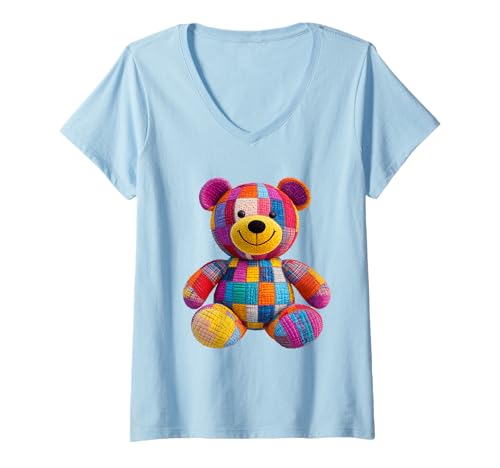 Damen süßer Vintage Teddybär in Patchwork Style Klamotten Kids T-Shirt mit V-Ausschnitt Damen süßer Vintage Teddybär in Patchwork Style Klamotten Kids T-Shirt mit V-Ausschnitt von coole Bären in fleckigen Werktags Ouftits